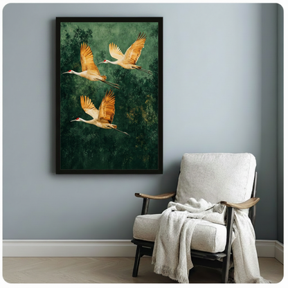 Golden Cranes Forest Canvas Wall Art