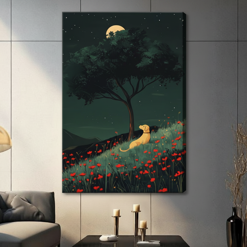 Golden Dog Moonlit Poppy Field Canvas Wall Art