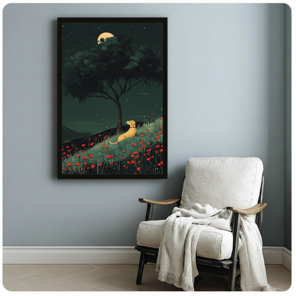 Golden Dog Moonlit Poppy Field Canvas Wall Art