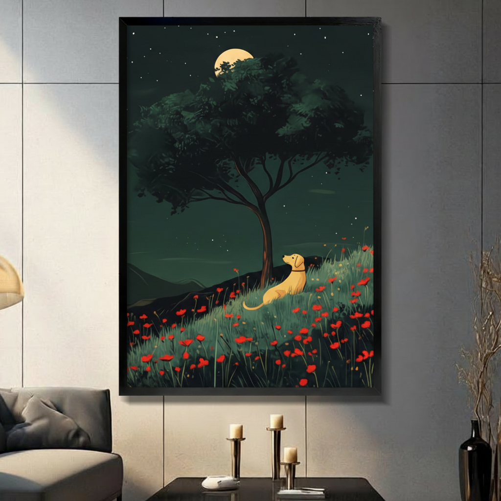 Golden Dog Moonlit Poppy Field Canvas Wall Art