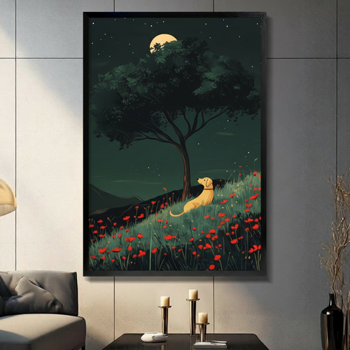 Golden Dog Moonlit Poppy Field Canvas Wall Art