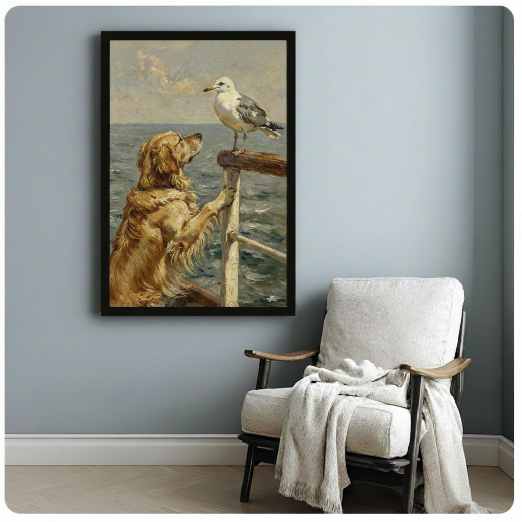 Golden Retriever Seagull Nautical Canvas Art Wall Art