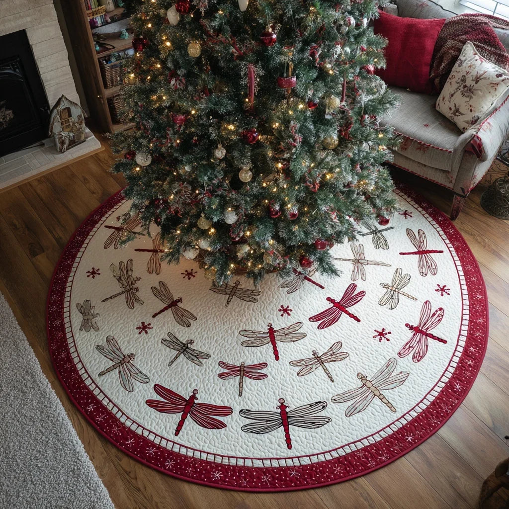 Golden Dragonfly Christmas Quilted Tree Skirt