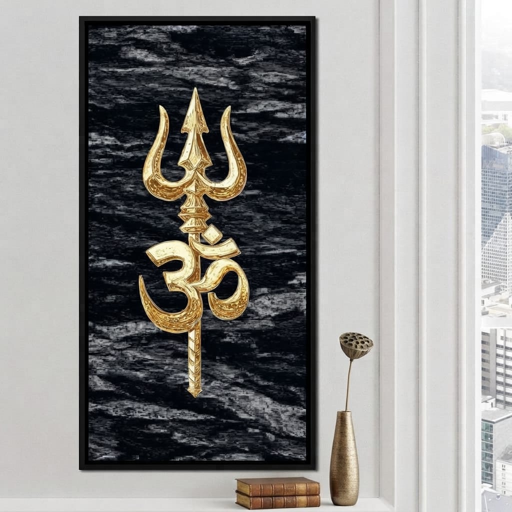 Golden Om Trishul Emblem Canvas Wall Art