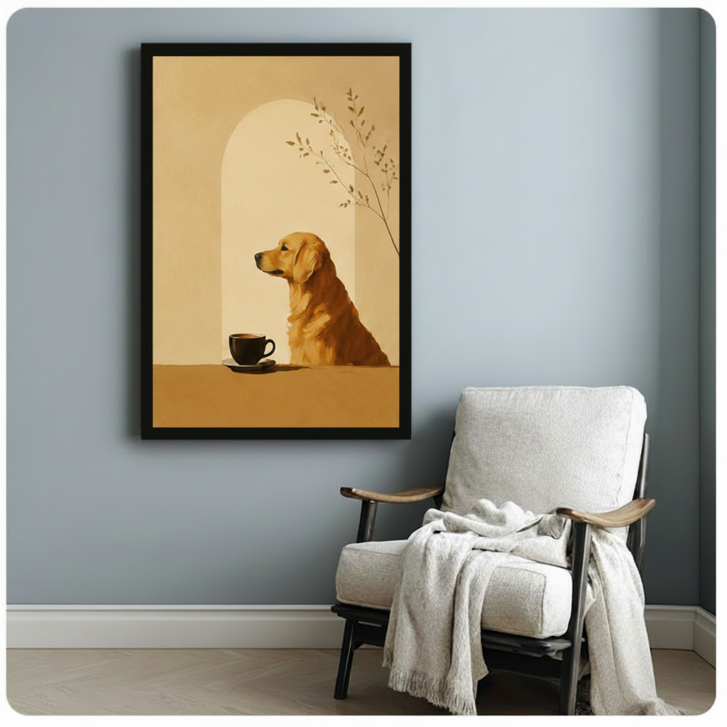 Japandi Golden Retriever Coffee Canvas Art Wall Art