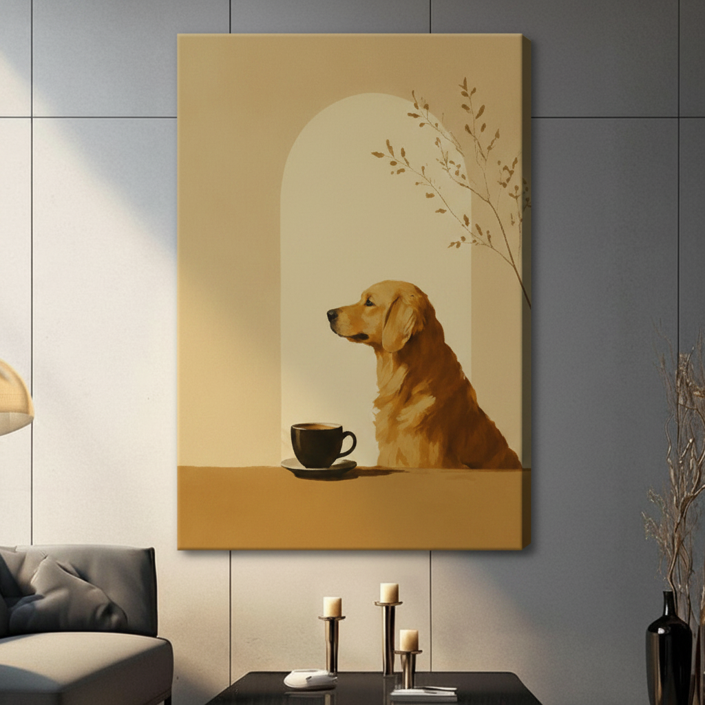 Japandi Golden Retriever Coffee Canvas Art Wall Art