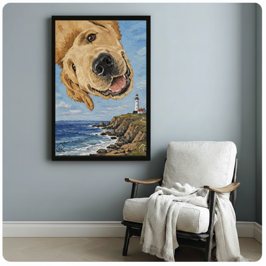 Golden Retriever Lighthouse Coastal Canvas Art