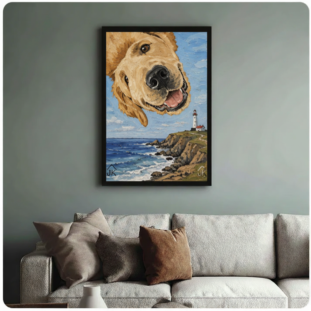Golden Retriever Lighthouse Coastal Canvas Art