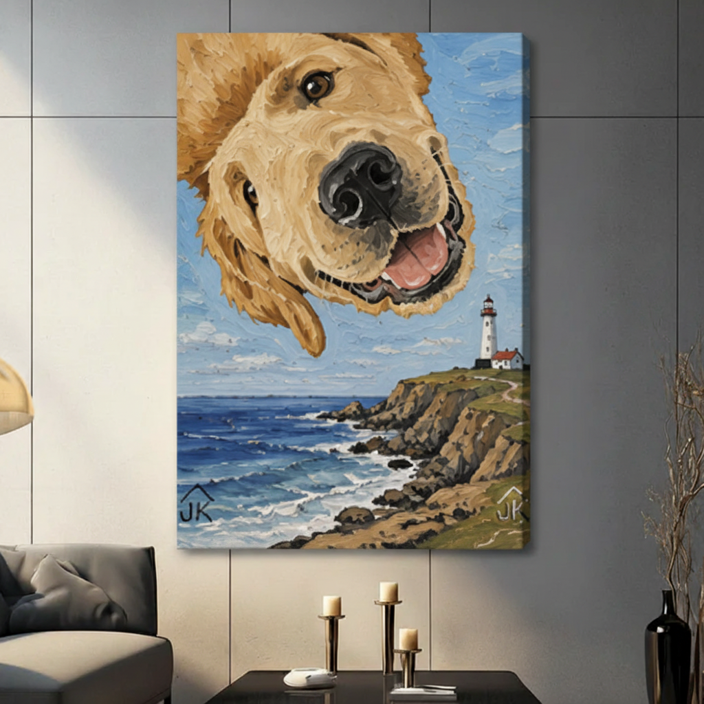 Golden Retriever Lighthouse Coastal Canvas Art