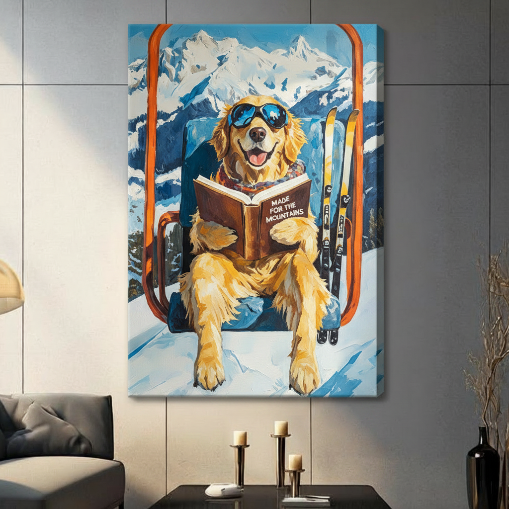 Ski Golden Retriever Mountain Funny Canvas Art