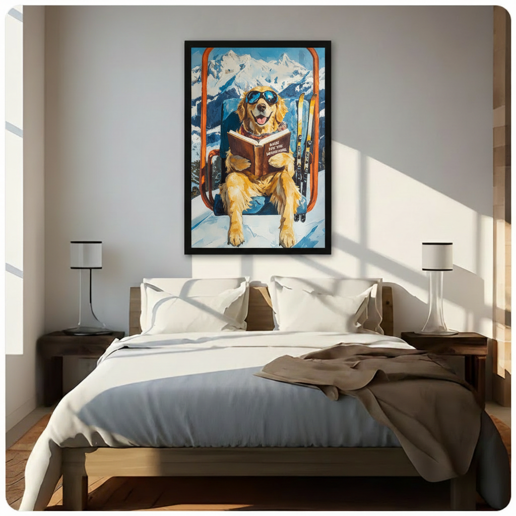 Ski Golden Retriever Mountain Funny Canvas Art
