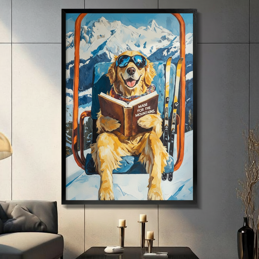 Ski Golden Retriever Mountain Funny Canvas Art