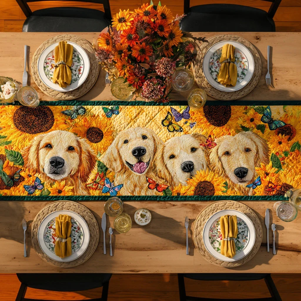 Golden Retriever Sunflower Quilted Table Runner