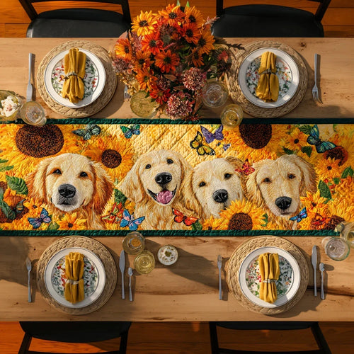 Golden Retriever Sunflower Quilted Table Runner
