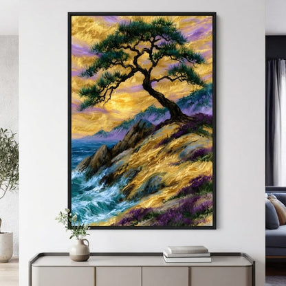 Golden Shoreline Beneath An Ancient Pine Canvas Wall Art
