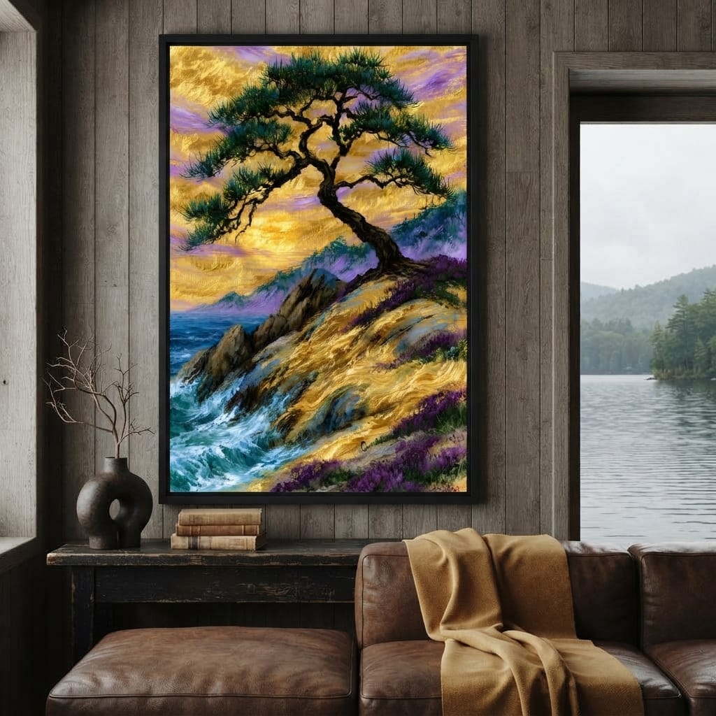 Golden Shoreline Beneath An Ancient Pine Canvas Wall Art