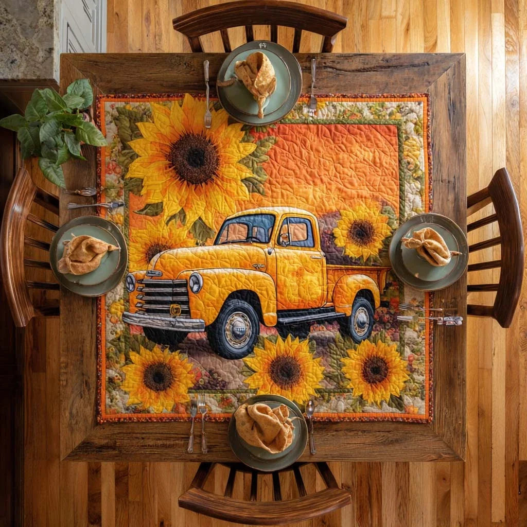 Golden Sunflower Truck Quilted Table Topper
