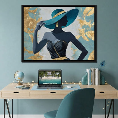 Golden Teal Elegance Lady Canvas Wall Art