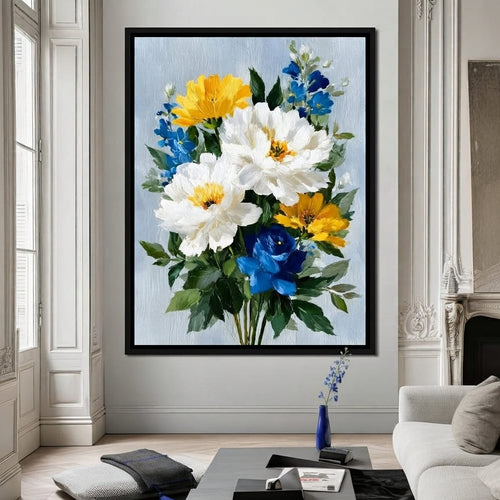 Golden White Blue Garden Posey Canvas Wall Art
