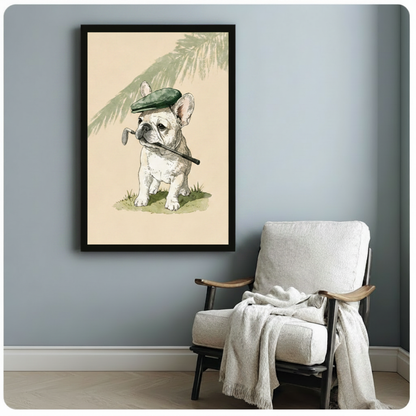 Vintage French Bulldog Golfer Framed Canvas Art