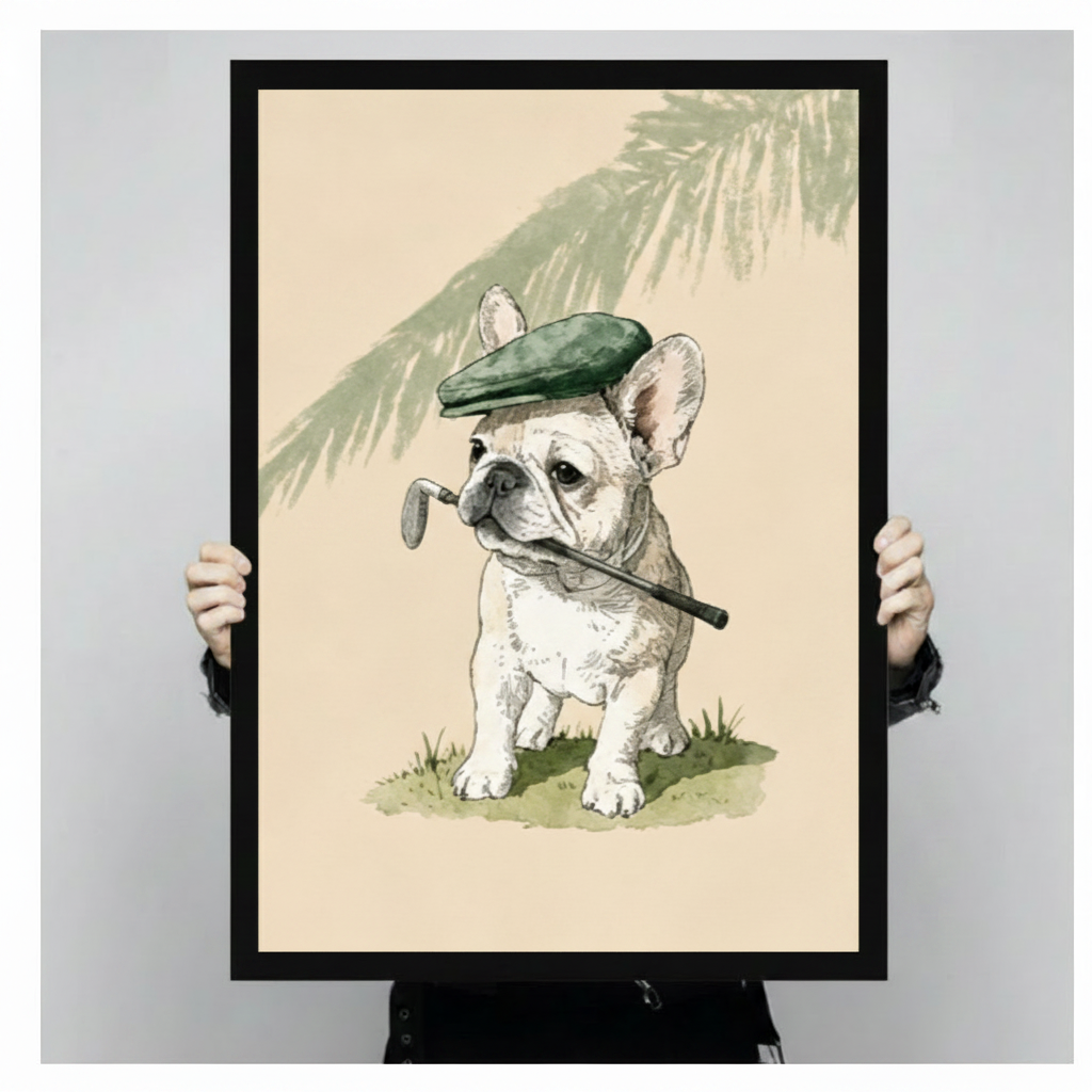 Vintage French Bulldog Golfer Framed Canvas Art