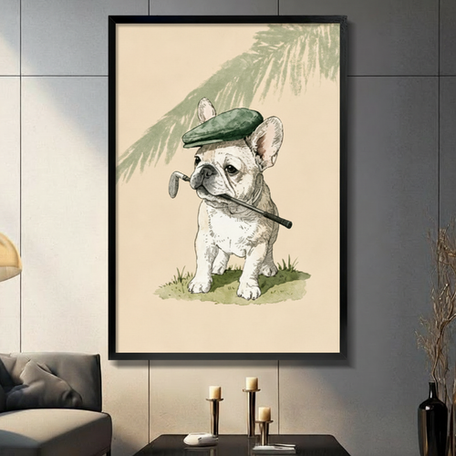 Vintage French Bulldog Golfer Framed Canvas Art