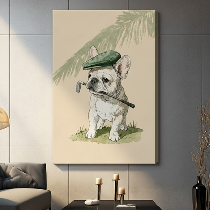 Vintage French Bulldog Golfer Framed Canvas Art