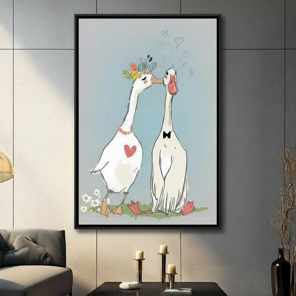 Kissing Geese Love Couple Canvas Wall Art