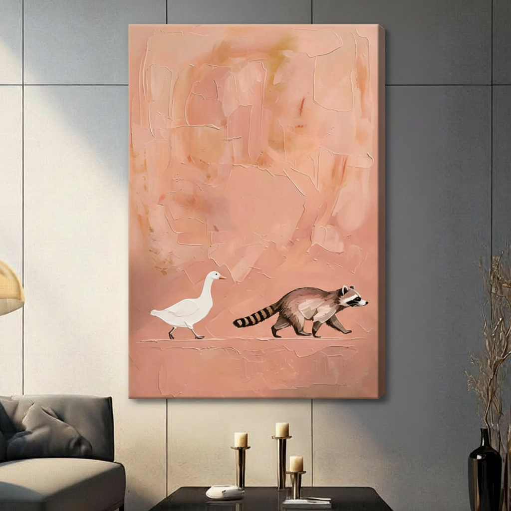 Duck and Raccoon Minimalist Blush Canvas Art Wall Art