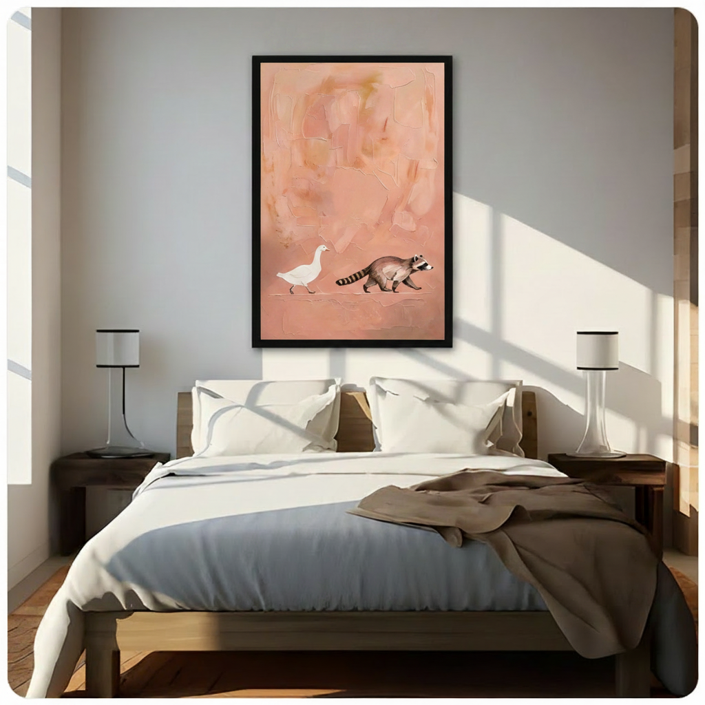 Duck and Raccoon Minimalist Blush Canvas Art Wall Art