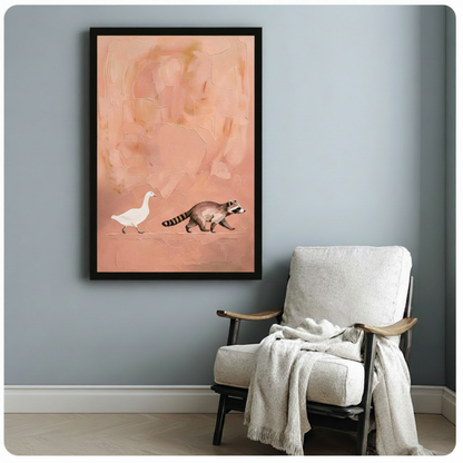 Duck and Raccoon Minimalist Blush Canvas Art Wall Art