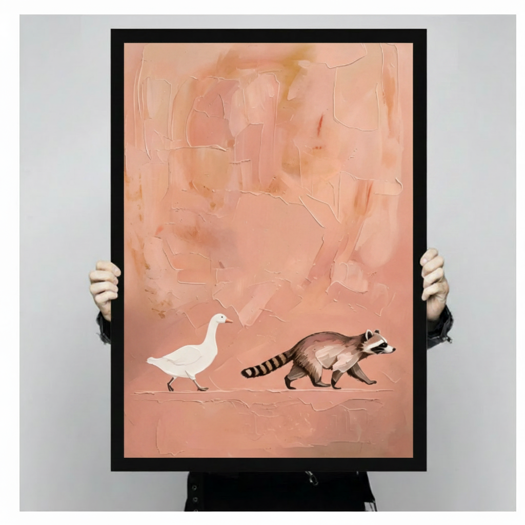 Duck and Raccoon Minimalist Blush Canvas Art Wall Art