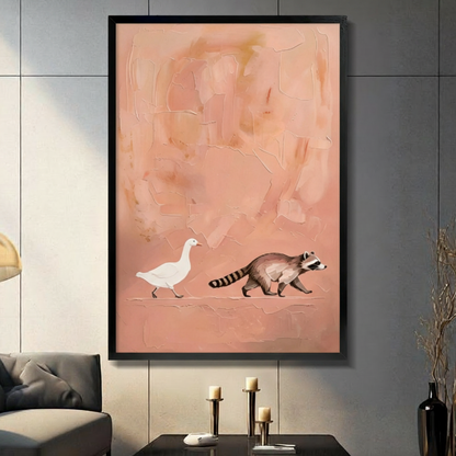 Duck and Raccoon Minimalist Blush Canvas Art Wall Art