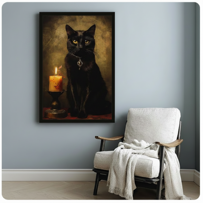 Gothic Black Cat Candlelight Oil Painting Canvas Art
