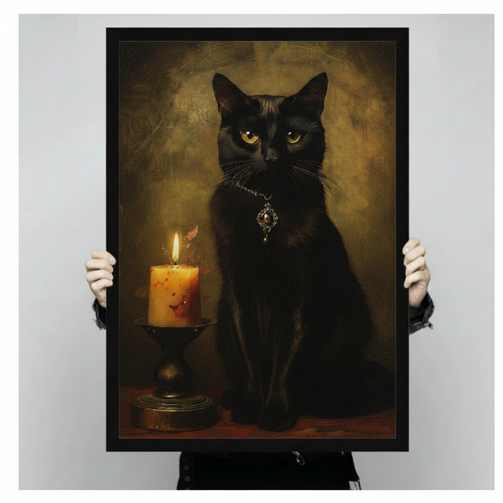 Gothic Black Cat Candlelight Oil Painting Canvas Art