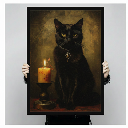 Gothic Black Cat Candlelight Oil Painting Canvas Art