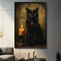 Gothic Black Cat Candlelight Oil Painting Canvas Art