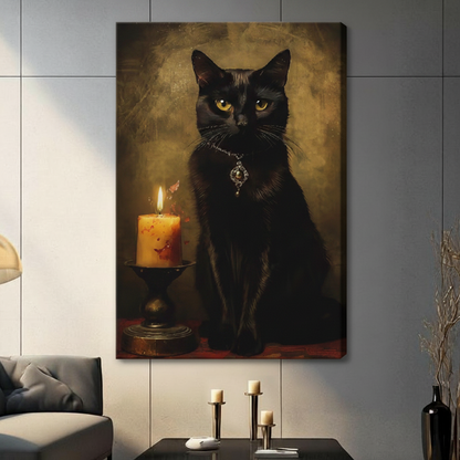 Gothic Black Cat Candlelight Oil Painting Canvas Art
