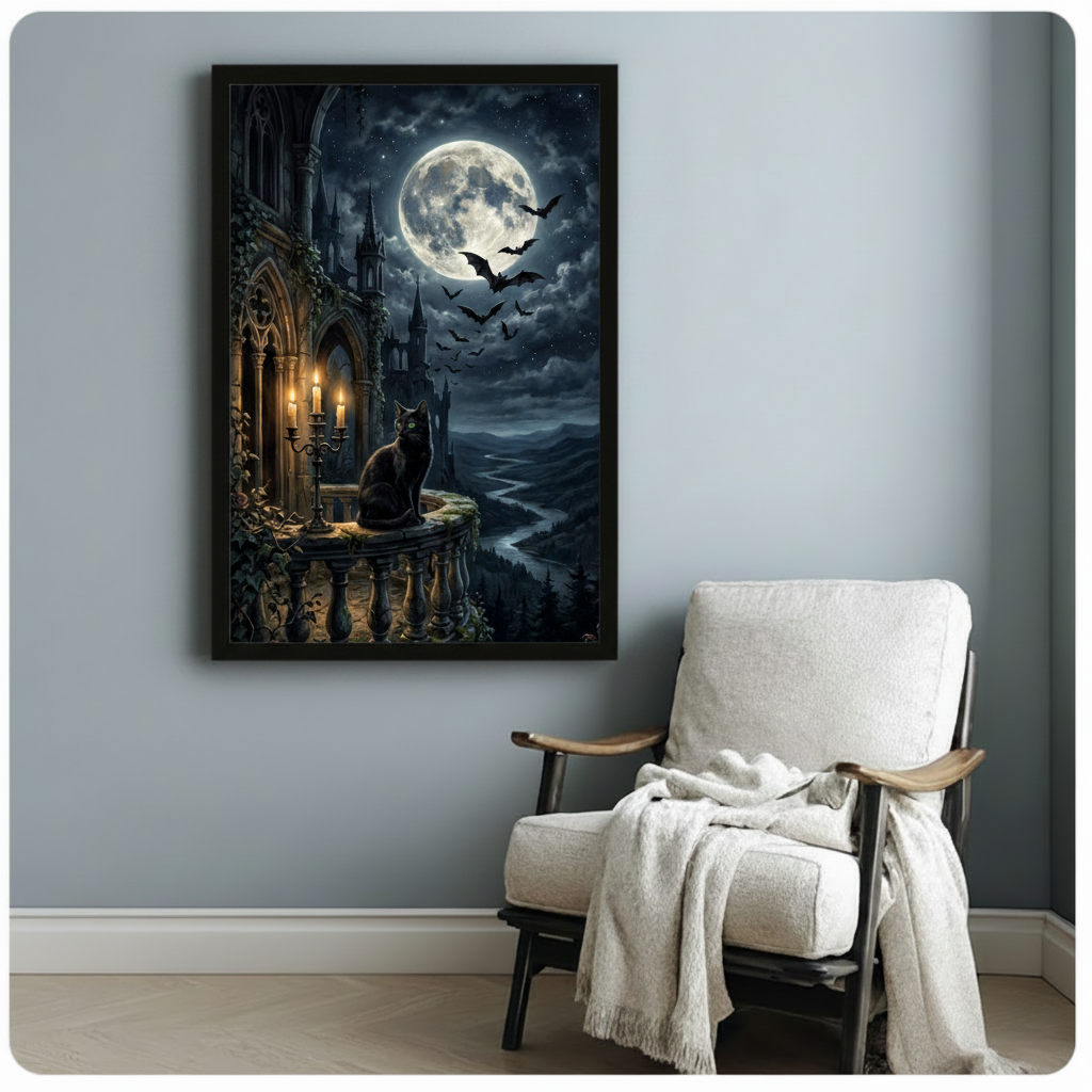 Black Cat Gothic Castle Moonlit Dark Fantasy Canvas Art