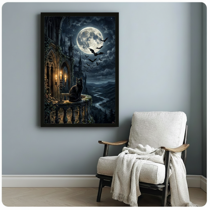 Black Cat Gothic Castle Moonlit Dark Fantasy Canvas Art