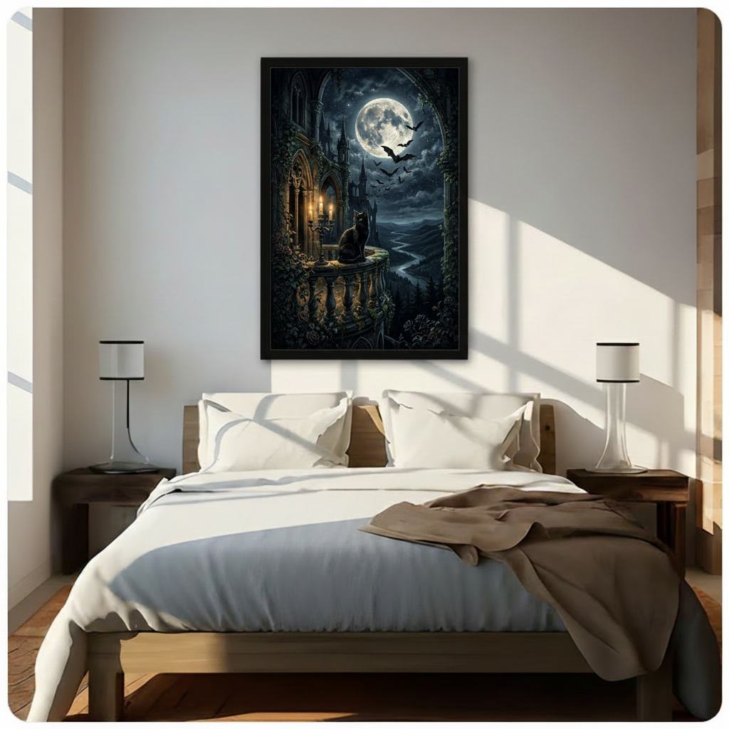 Black Cat Gothic Castle Moonlit Dark Fantasy Canvas Art