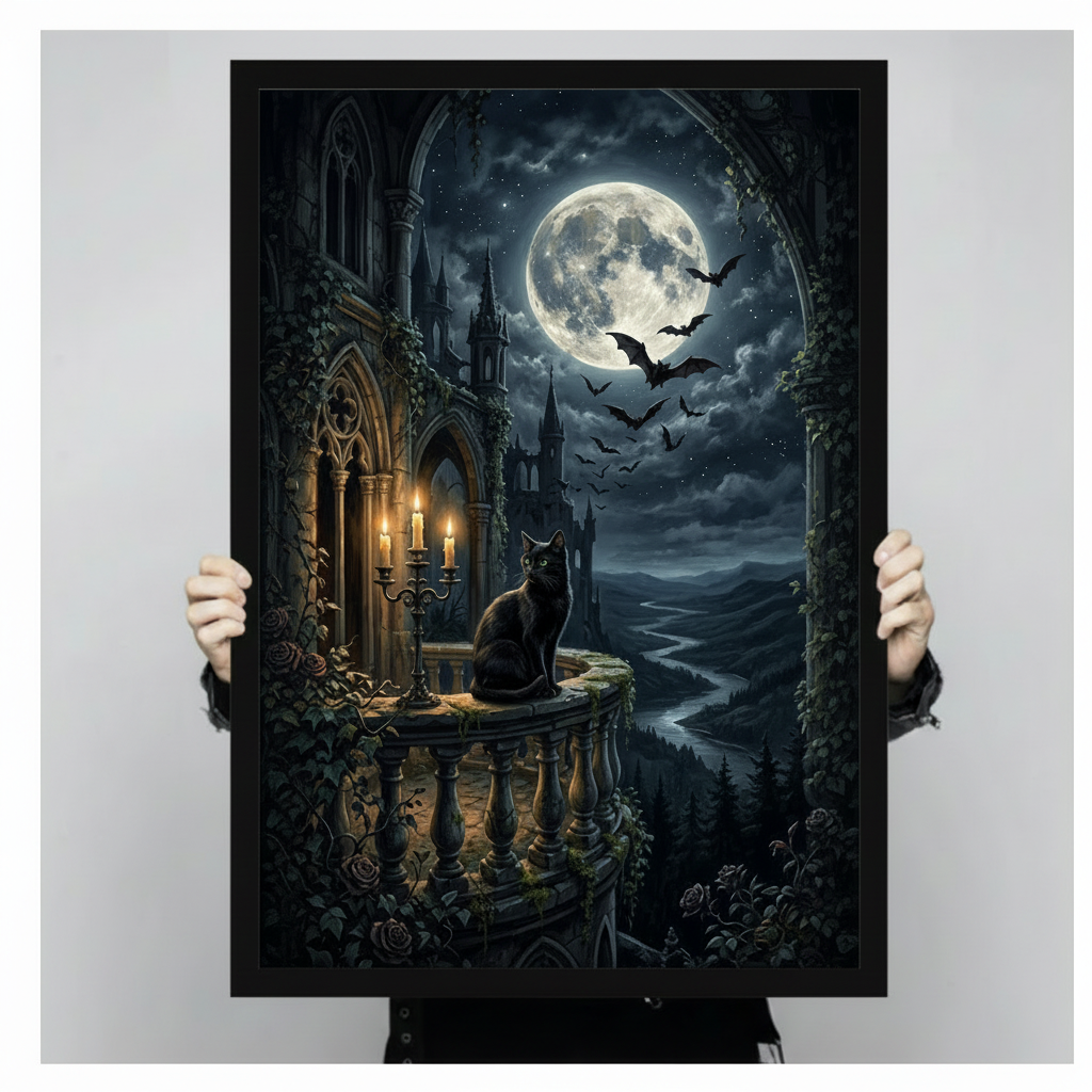 Black Cat Gothic Castle Moonlit Dark Fantasy Canvas Art