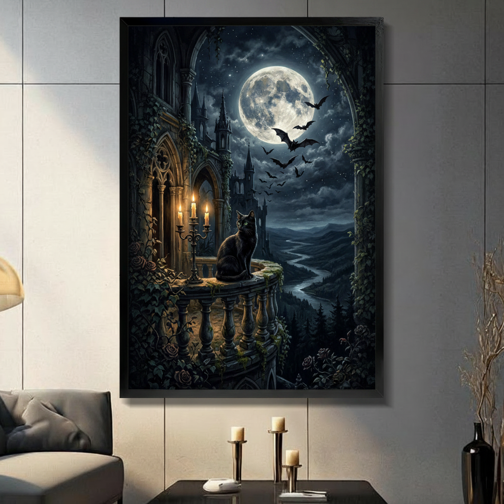 Black Cat Gothic Castle Moonlit Dark Fantasy Canvas Art