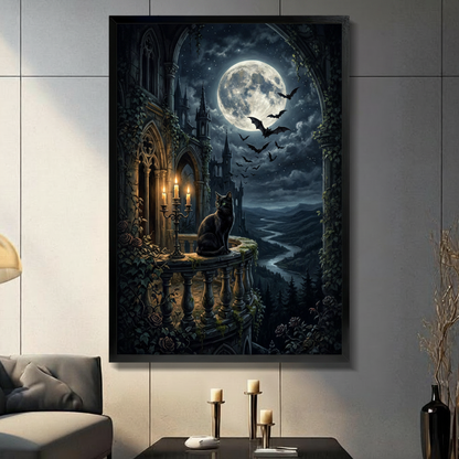 Black Cat Gothic Castle Moonlit Dark Fantasy Canvas Art