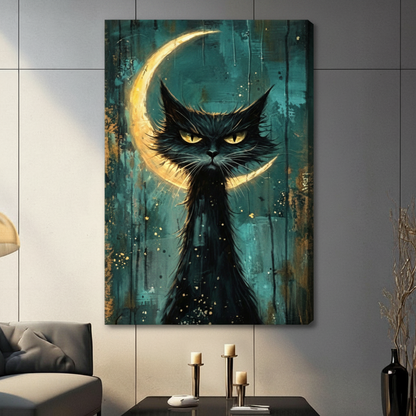 Gothic Black Cat Crescent Moon Oil Painting Canvas