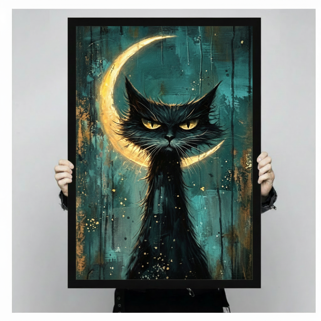 Gothic Black Cat Crescent Moon Oil Painting Canvas