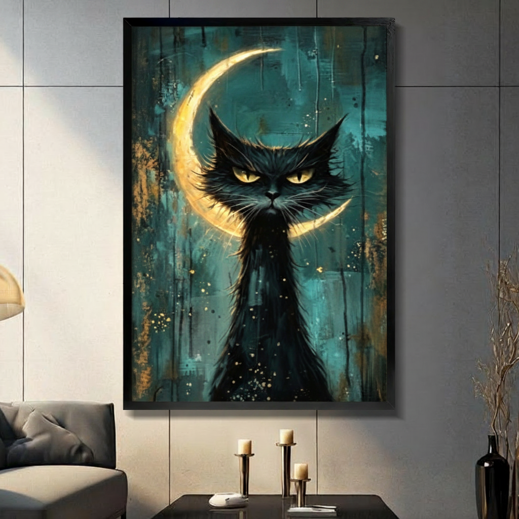 Gothic Black Cat Crescent Moon Oil Painting Canvas