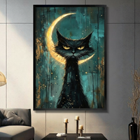 Gothic Black Cat Crescent Moon Oil Painting Canvas