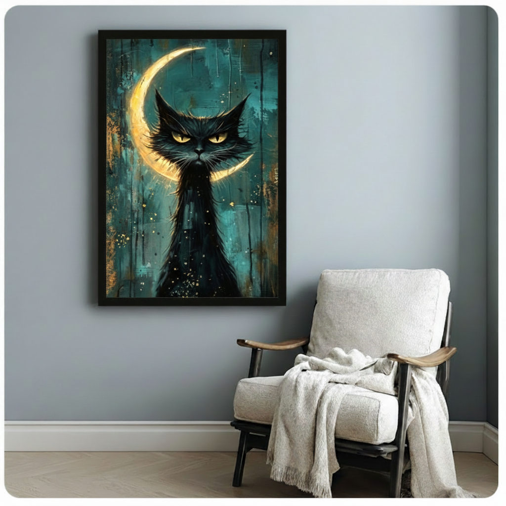 Gothic Black Cat Crescent Moon Oil Painting Canvas
