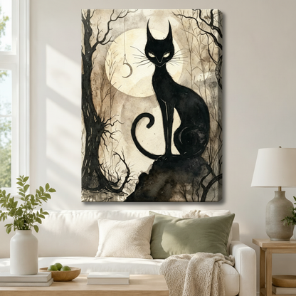 Black Cat Full Moon Ink Watercolor Canvas Wall Art